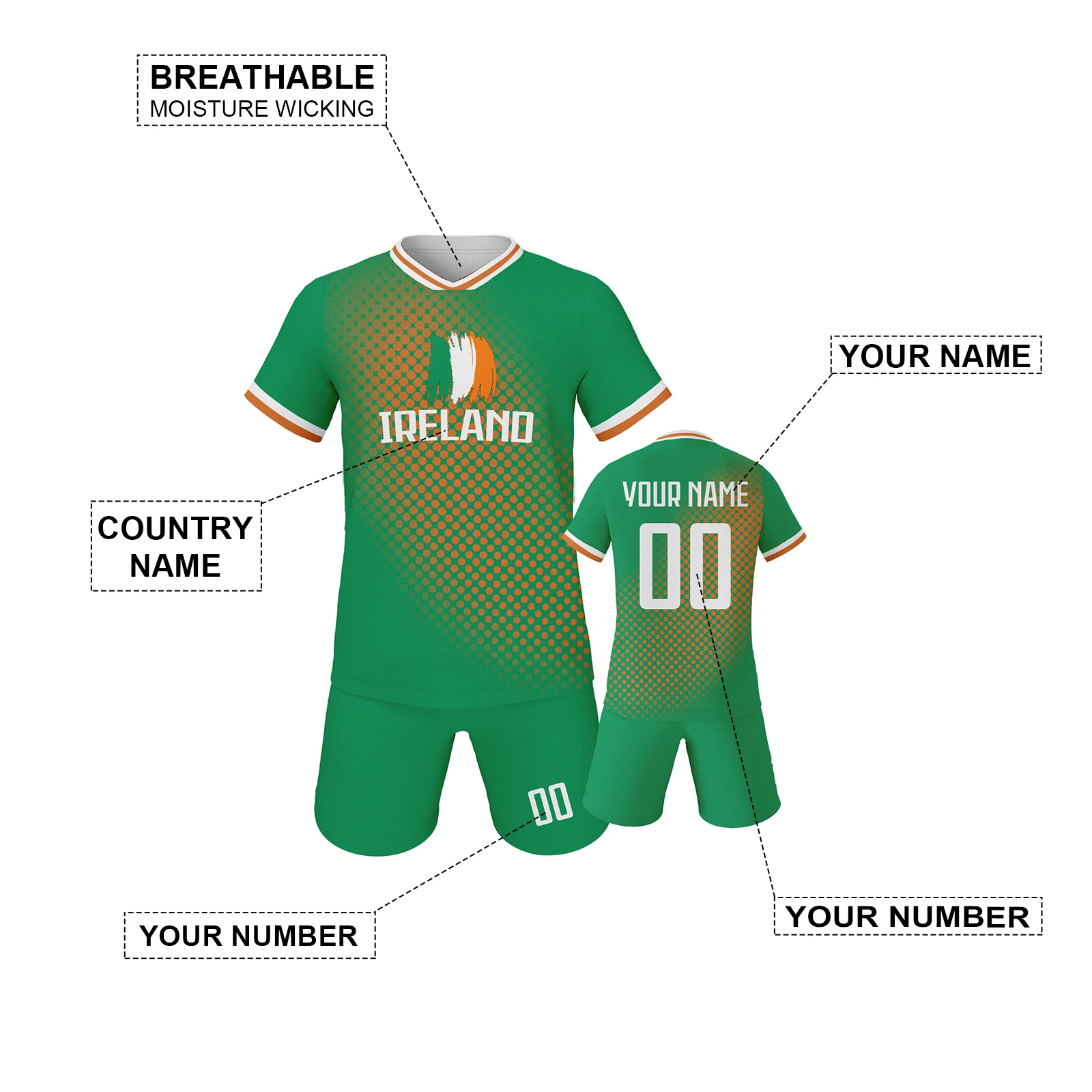 Ireland Kids Soccer Jersey Shorts Set Custom Football Kit Youth Training Uniform Personalized Name Number Football Shirt 3-14Y