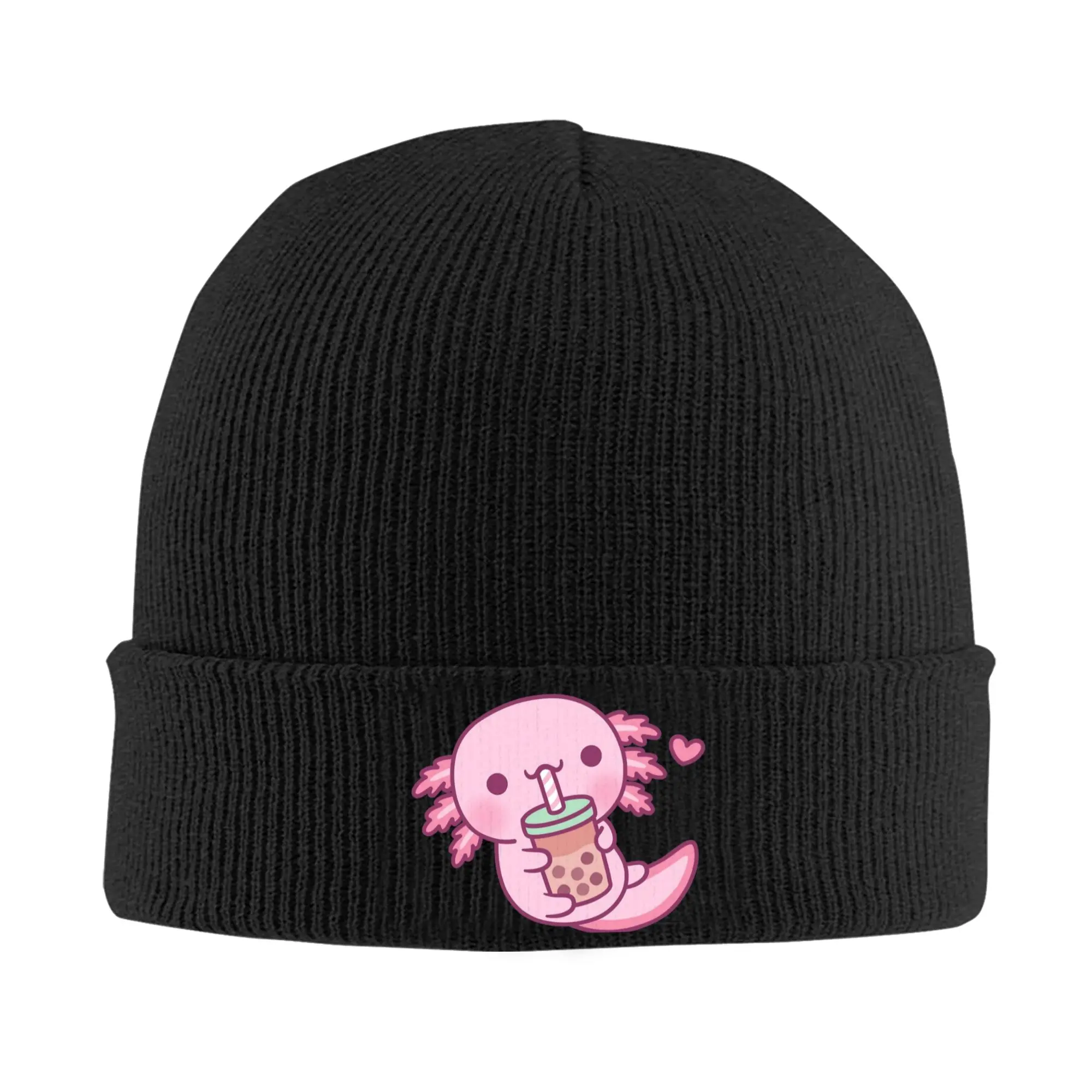 Cute Little Axolotl Loves Bubble Tea Knitted Hat Women's Men's Beanies Winter Hat  Warm Caps