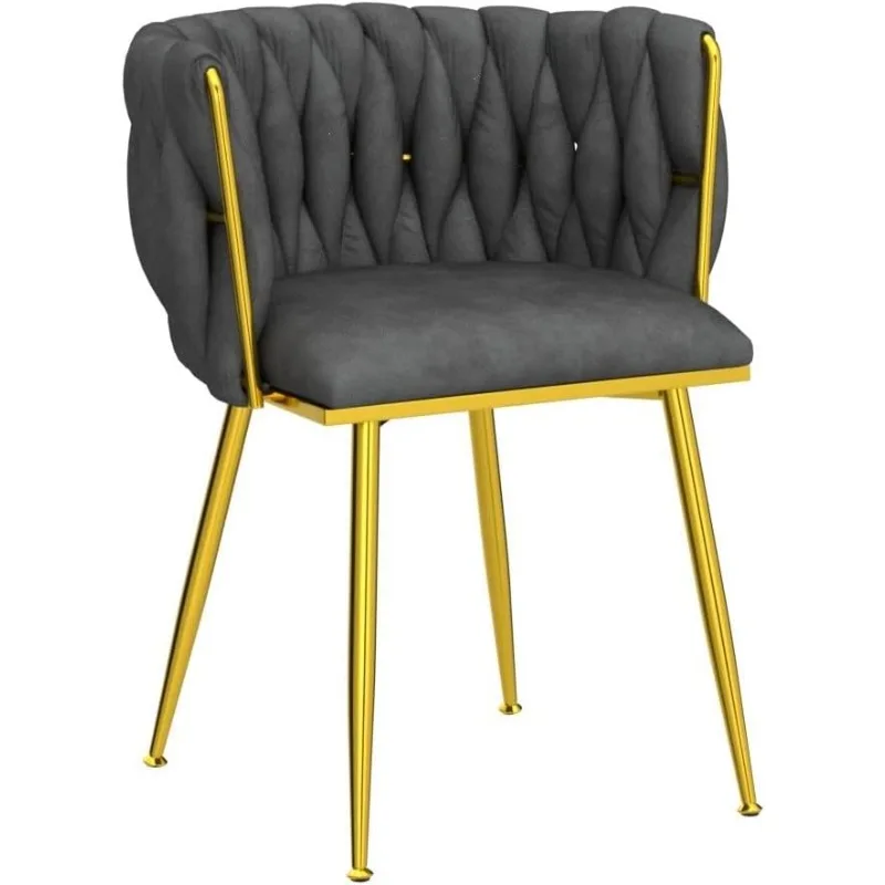 Velvet Dining Chairs Set of 4, Modern Upholstered Dining Room Chairs with Golden Metal Legs and Woven Backrest for Dining Room,