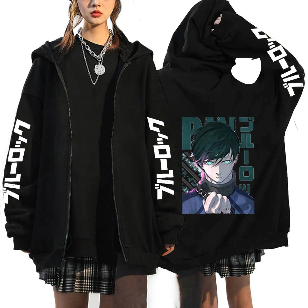 Harajuku Anime Blue Lock Isagi Yoichi Printed Zipper Hoodies For Men Women Fall Winter Fleece Sweatshirt Male Zip Up Jacket Coat