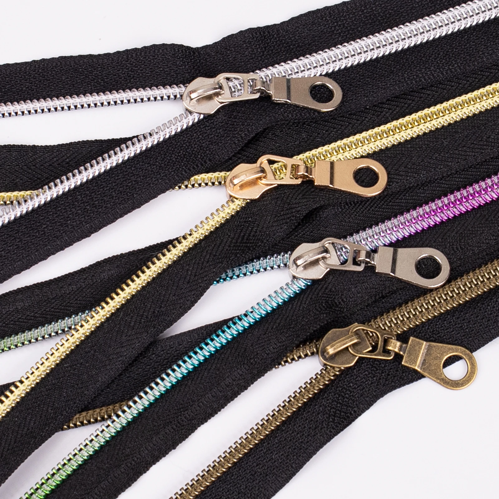 1 Set=4.5-meter Zipper 10 Zipper Heads, 5# Nylon Chain, Color Gradient Teeth, Gold Teeth, Silver Teeth, Antique Copper Teeth NY