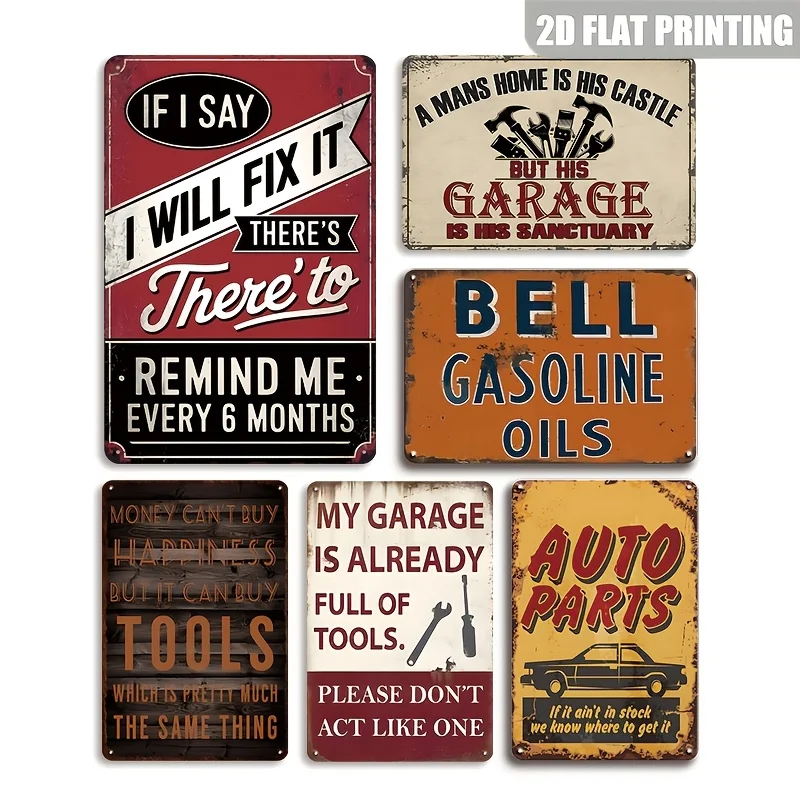 2D Flat, 6pcs Retro Gas Station Metal Signs Suitable for Shop, for Man Cave, Home, Bar & Workshop Wall Decor - Vintage Oil & Gas