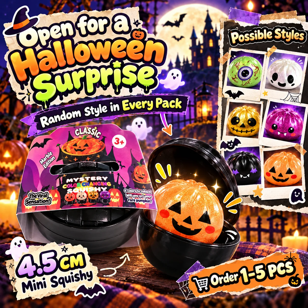Halloween Squishy Stress Ball 1-5PCS Glitter Cartoon Soft Gel Squeeze Toy Sensory Fidget Prank Party Favor Holiday Gift Ideas