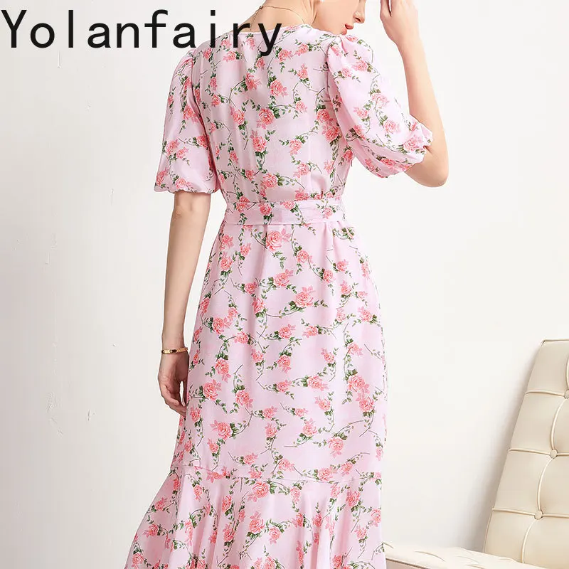 YOLANFAIRY 100%Real Mulberry Silk Dress Woman Elegant Summer Clothes V-neck Fashion Floral Pink Dress Lace-up Midi Fairy Dresses