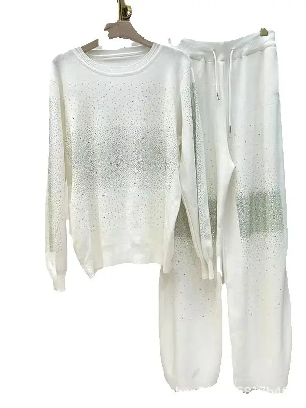 Conjunto de dos piezas de otoño para mujer, jersey de cuello redondo con perforación caliente brillante, Top + Pantalones rectos de pierna ancha con cintura elástica, novedad de moda