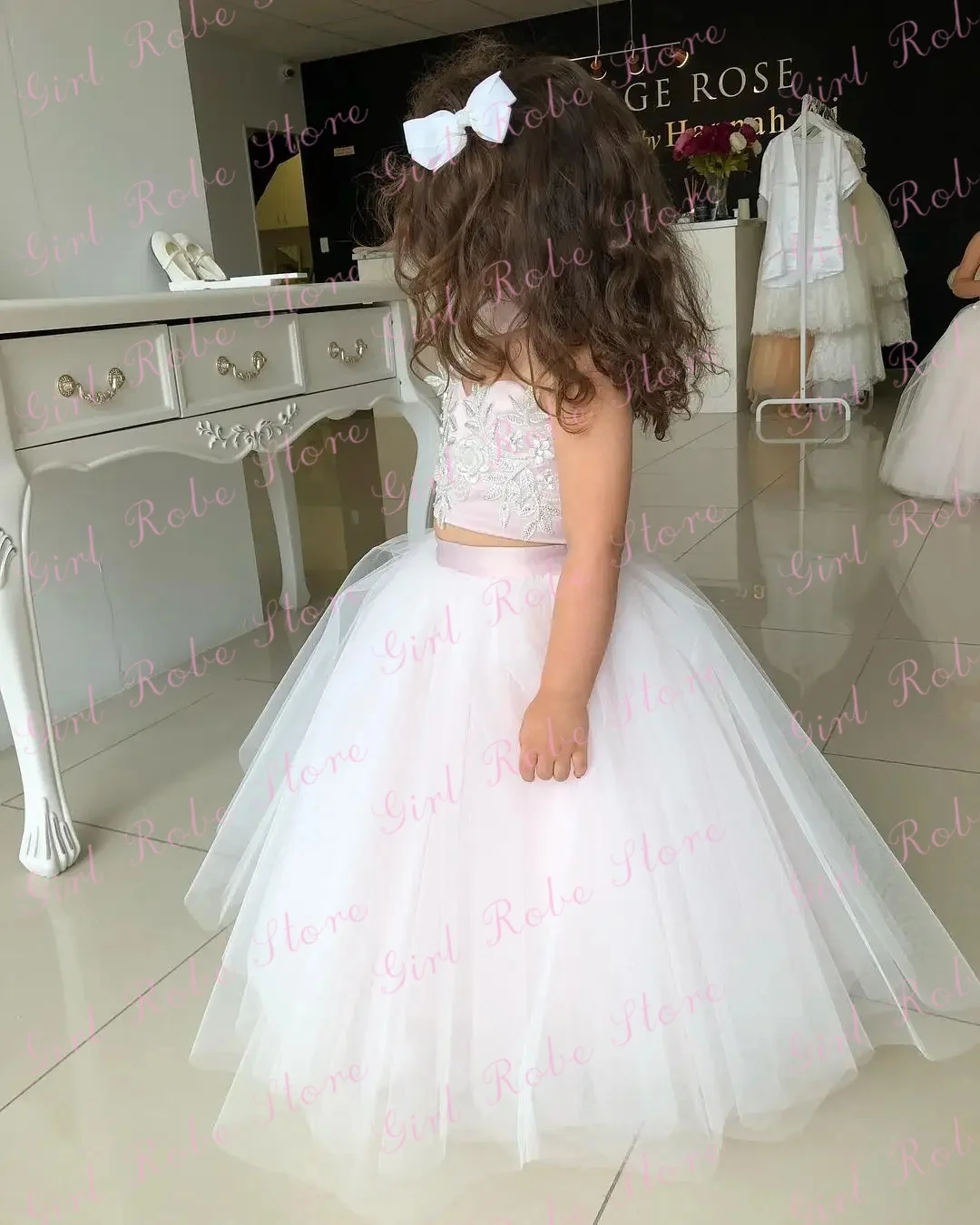 Two Pieces Flower Girl Dress For Wedding Tulle Appliques Backless Simple Princess First Communion Bridesmaid Gown Customized