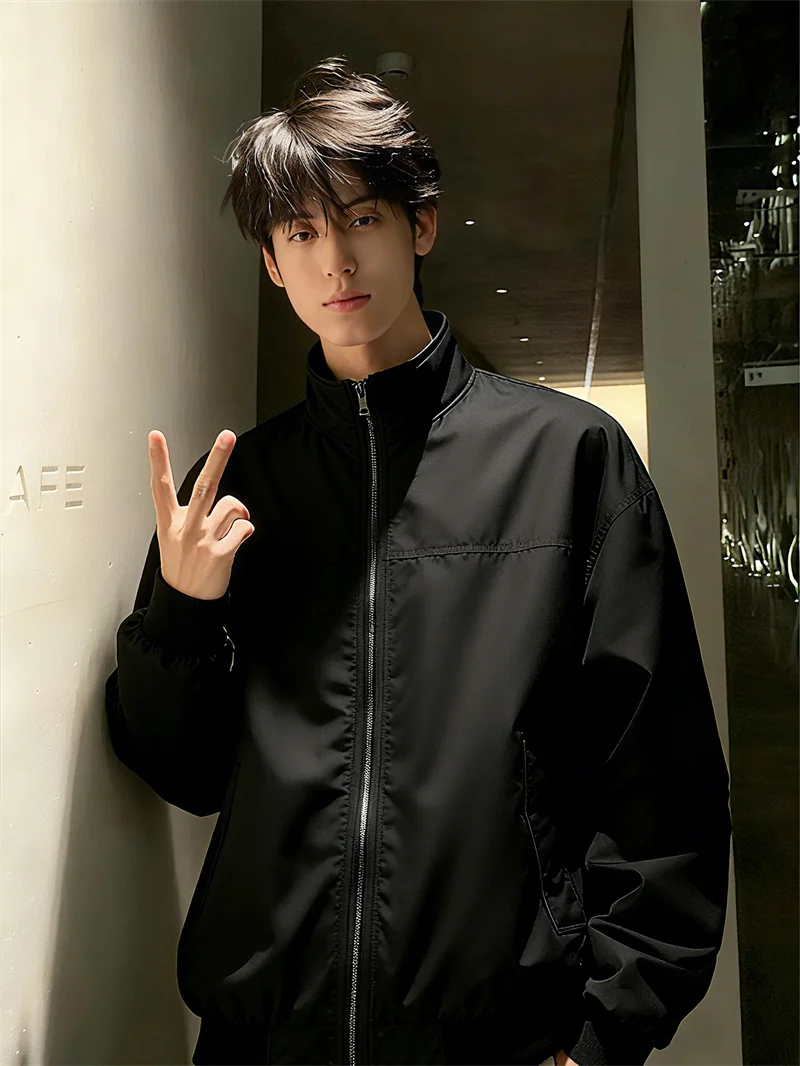Black Cleanfit Short  Jacket Men's Autumn Winter Stylish Stand Collar Workwear Baseball Outfit Windproof Polyester Nylon...