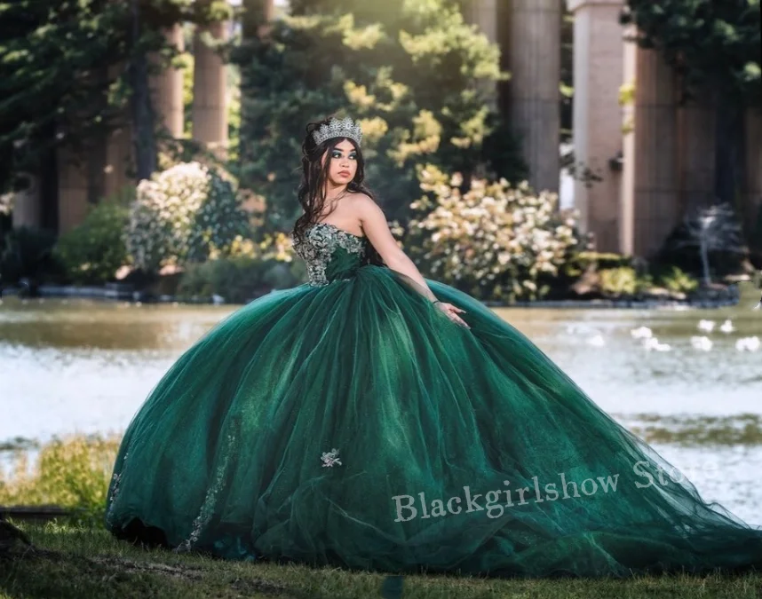 Hunter Green Luxury Princess 15 Quinceanera Dresses Cathedral Train Off Shoulder Beaded Applique Mexico vestidos de festa Custom