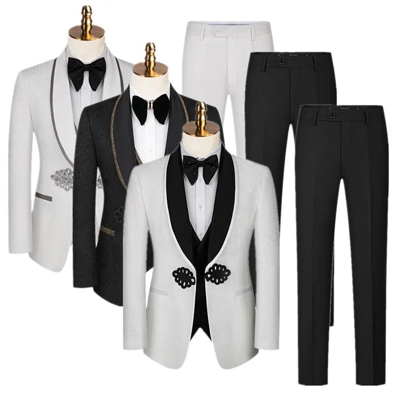 ( Jacket + Pants + Vest ) Men Luxury Court Wedding Prom Party Jacquard Suits Fashion Gentleman Trend Splicing Dress 3 Piece Set