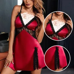 Women's Summer Lace Patchwork Satin Silk Sexy Suspender V-Neck Slim Fit Split Bow Decoration Women's Dress Pajamas