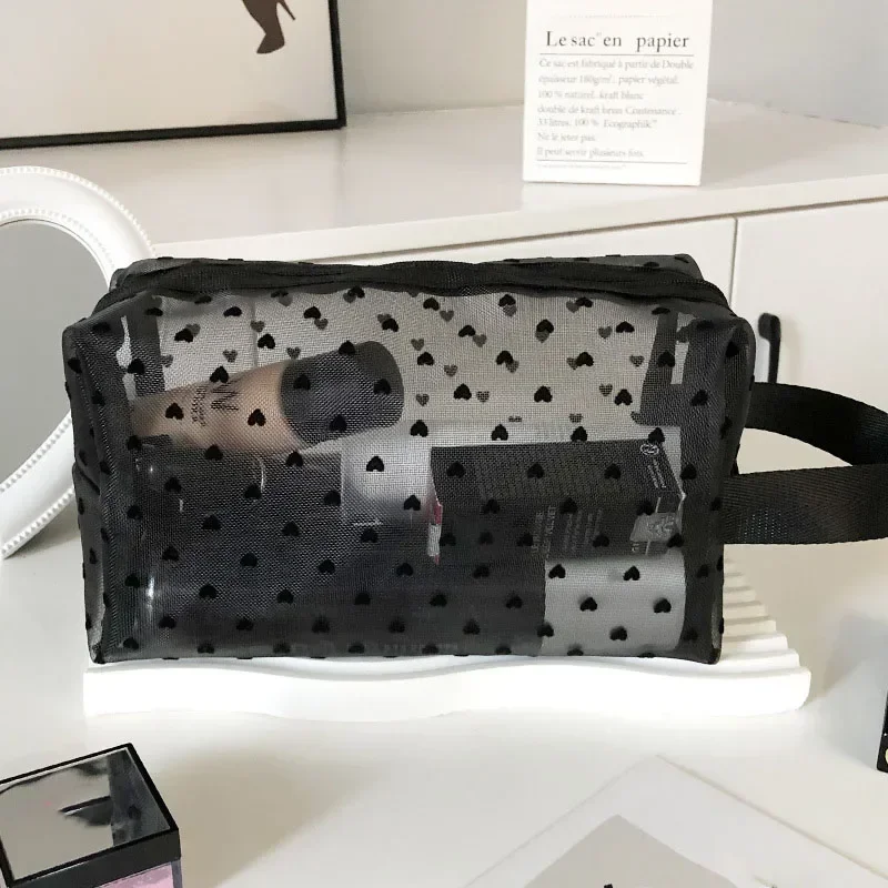 Women Cosmetic Pouch Toilet Storage Bag Ladies Toiletry Lipstick Key Coin Organizer Bags Purse Heart Transparent Mesh Makeup Bag