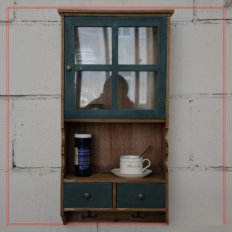 Retro Japanese zakka style, solid wood kitchen and bathroom wall hanging, condiment rack, glass door cabinet