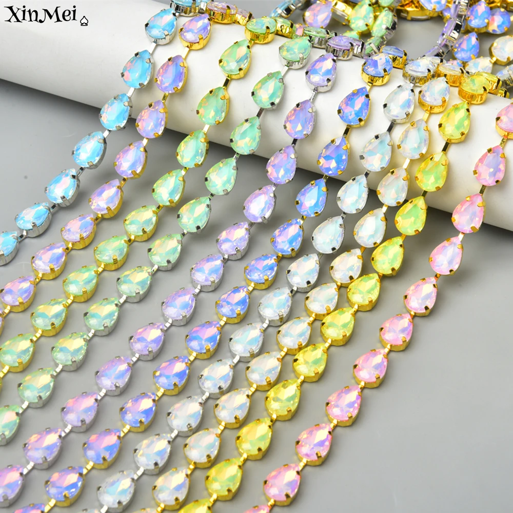 Phantasie 10*14mm Opal Teardrop Strass Tasse Kette Silber Gold Klaue Glitter Strass Applique Kristall besatz für Kleidung Dekoration