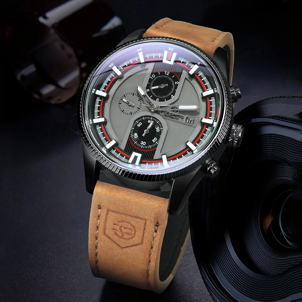 Forsining Sports Mens Mechanical Wristwatches Calendar Casual Leather Strap Business Fashion Automatic Watches Luminous Hands