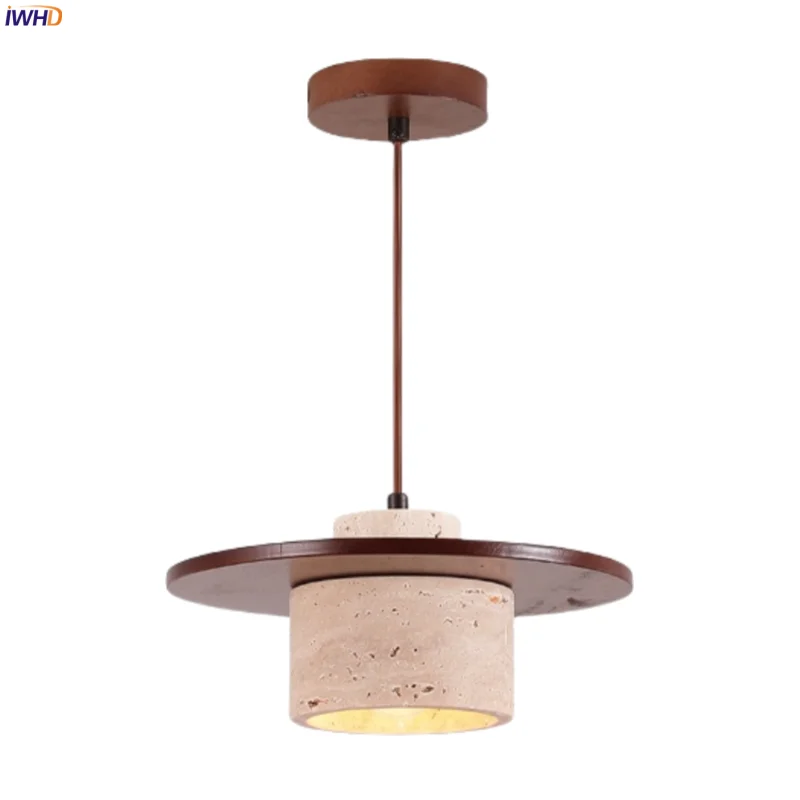

IWHD Wabi Sabi LED Pendant Lamps Bedside Kitchen Dining Living Room Lighting Yellow Travertine Wood Hanging Lights Decoration