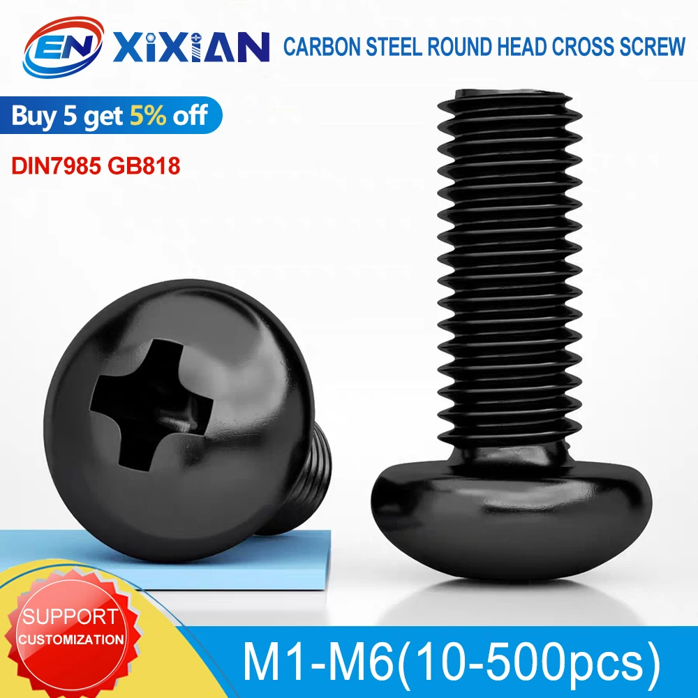 M1 M1.2 M1.4 M1.6 M1.7 M2 M2.5 M3 M3.5 M4 M5 M6 Black Carbon Steel Cross Recessed Phillips Truss Head Large Flat Round Head Bolt