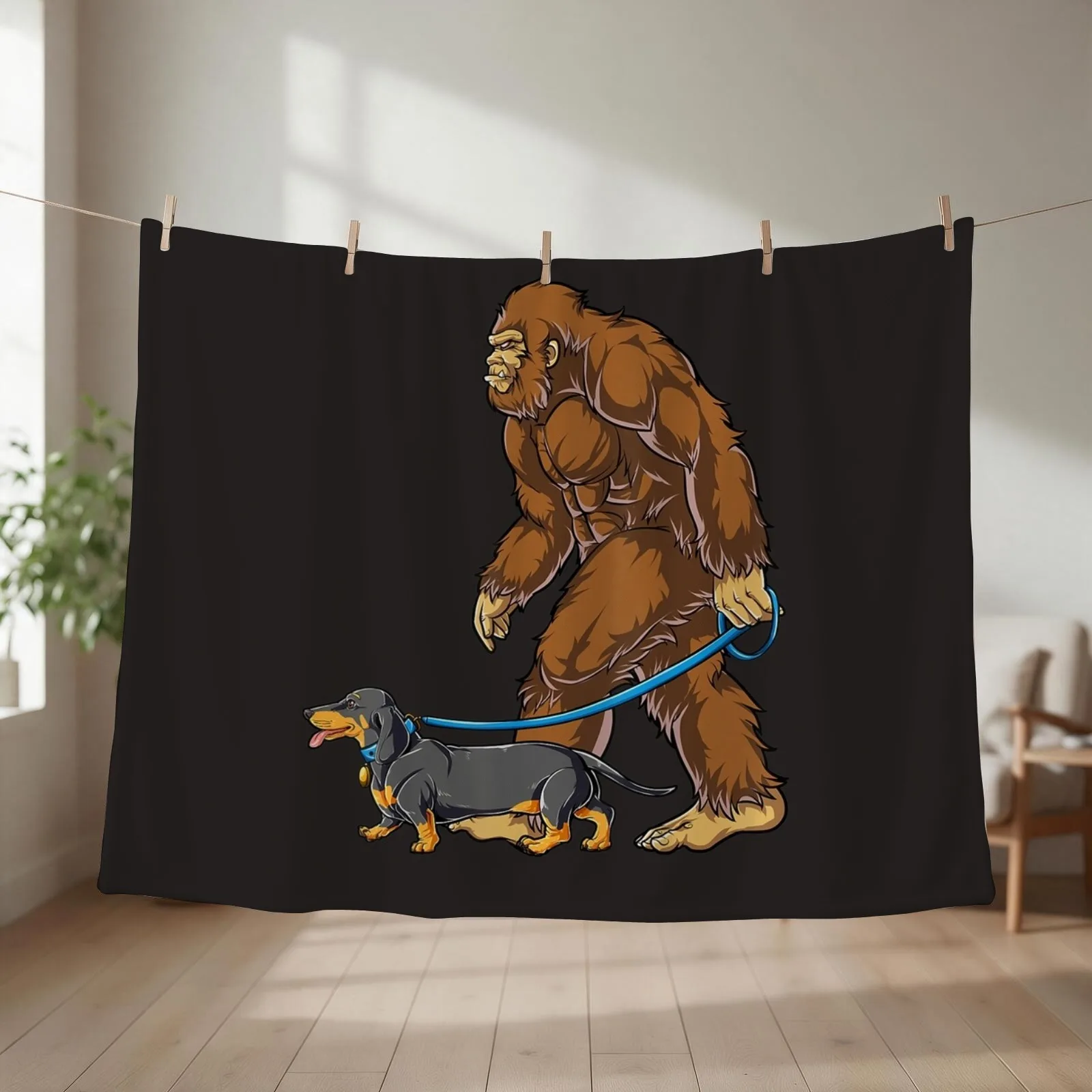 Bigfoot Dog Walk Dachshund Sasquatch Throw Blanket couch cozy soft plush fuzzy picnic outdoor blanket