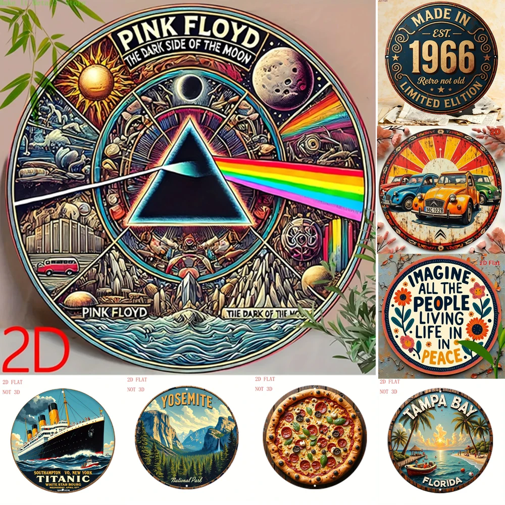 Vintage Pink Floyd The Dark Side Of The Moon Retro Metal Wall Art, Round Classic Rock Band Prism Rainbow Decorative Tin Sign, Ru