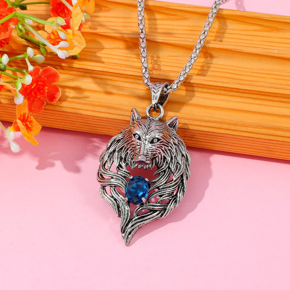 قلادة رأس الأسد باللون الفضي مع لهجات الزركون الأزرق، إكسسوار رائع إبداعي للنساء والرجال، هدية عصرية