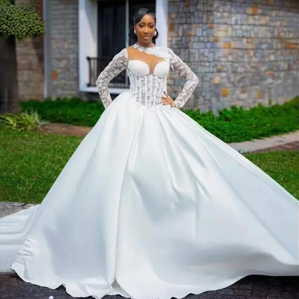 Customized African Wedding Dresses For Black Girls Long Sleeves Beaded Dubai Saudi Arabia Bridal Gown A Line Vestido De Noiva