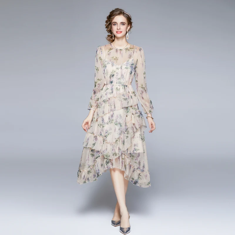 

Silk Print Dr Spring Autumn New Sle Patchwork Lace Maxi Skirt Large Swing Dr Street Sle Long Sve round Ne...
