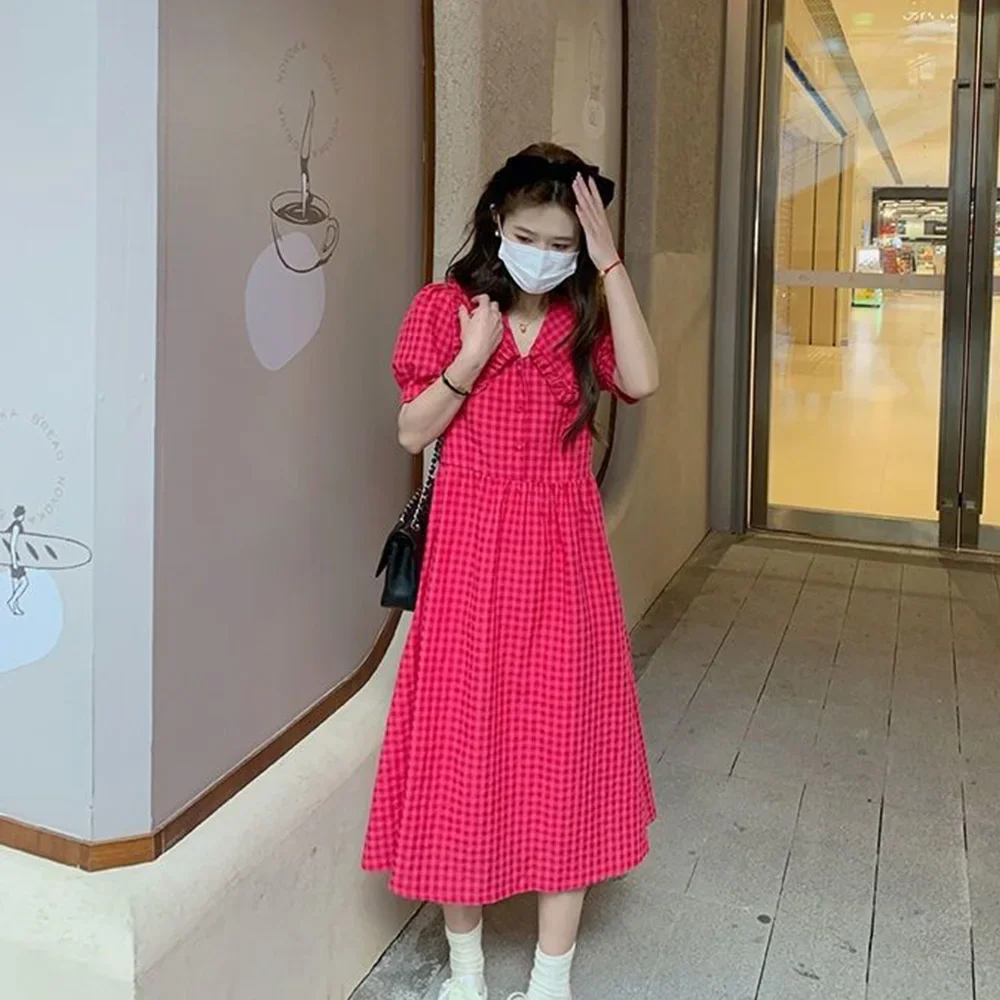 Bear Leader 2023 Summer Parent-child Casual Girl Plaid Polo Neck Bubble Sleeve Dress Mother Daughter Ruffled Soft Princess Dress