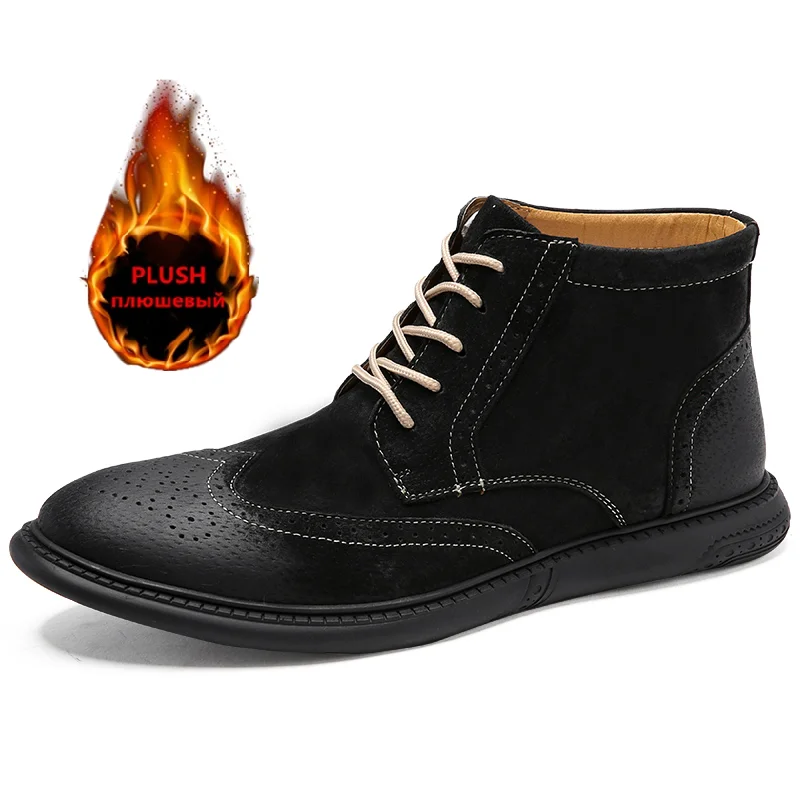 

New Winter Warm Men Snow Boots Genuine Leather Men's Boots Comfortable Brogue Men's Ankle Boots Outdoor Men's Chelsea Boots