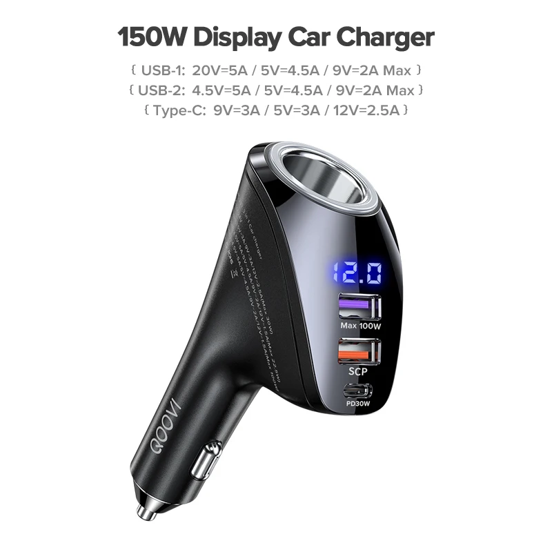 QOOVI 150W 4-Ports Car Charger USB Type C Super Fast Charging PD 4.0 Cigarette Lighter Socket For iPhone Xiaomi Samsung Huawei