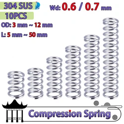 와이어 직경 0.6mm 0.7mm 304 스테인레스 스틸 마이크로 소형 압축 스프링 OD 3mm/4mm/5mm/6mm/7mm/8mm/9mm/10mm/12mm 10Pcs