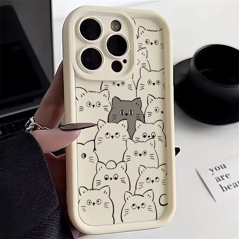 Cute Cartoon Cat Silicone Phone Case For iPhone 11 12 13 14 15 Pro Max X XR XS Max 7 8 Plus 15 Shockproof Soft Bumper Back Cover