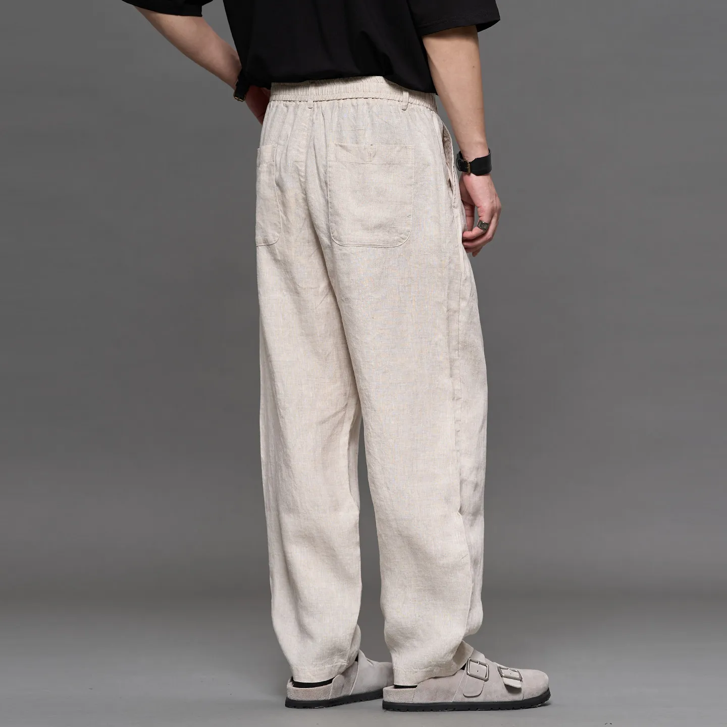 High Quality 2026 Summer Jute Color Linen Vintage Chinese Old Money Style Pencil Pants Men's Idle Style Trousers