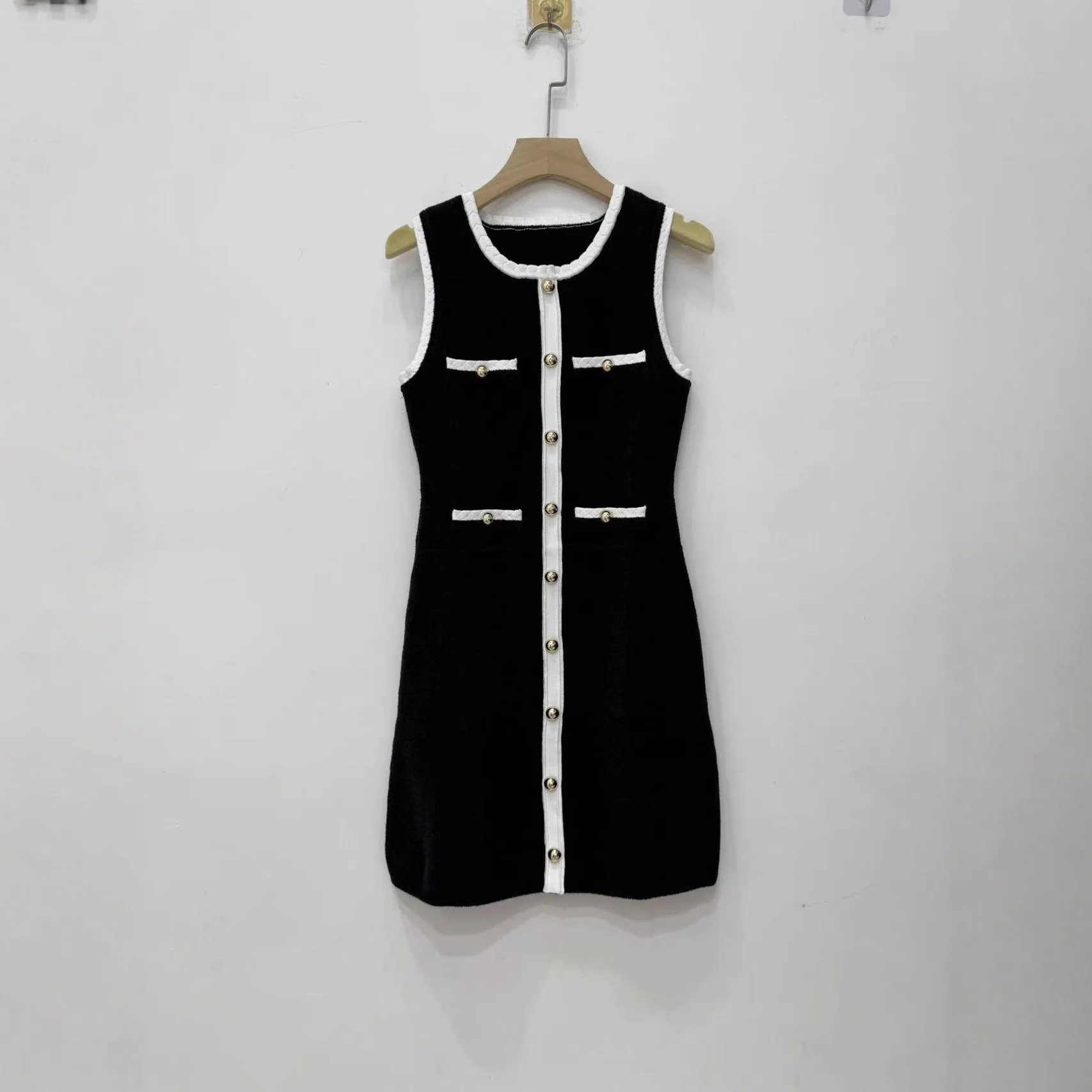 Costume deux pièces noir et blanc pour femme à manches longues, robe cardigan élégante ou gilet sans manches