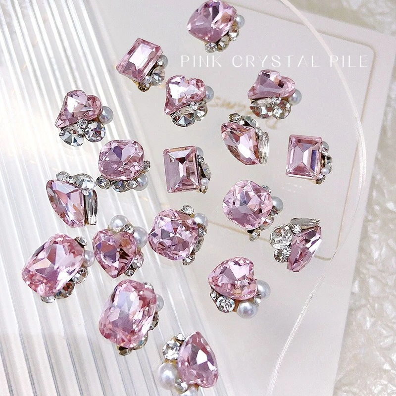 5Pcs Popular Pink Nail Rhinestones Heart Square Crystal Charms Sparkly DIY Manicure Decor Ornaments