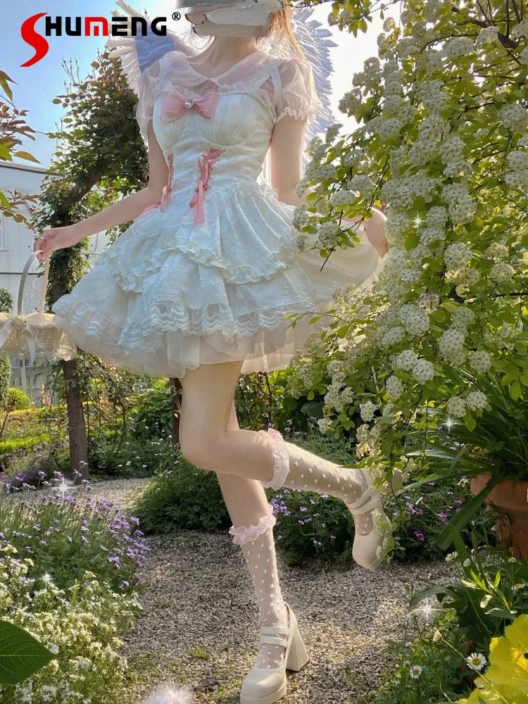 

Japanese Sweet Cute Gothic Lolita Jsk Dress Sleeveless V-neck Bow High Waist Lace-up Slim Kawaii Princess Sling Mini Dress Women