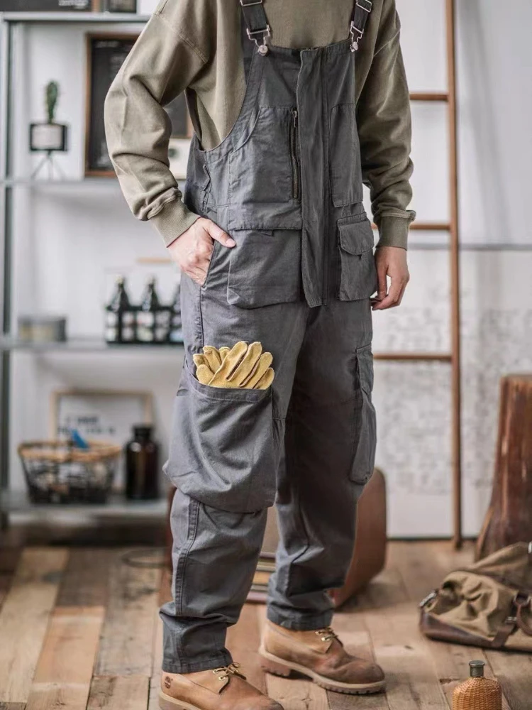 

Men's Work Overalls Jumpsuit Cargo Pants Pure Cotton Multi Pocket Loose Straight Suspender Work Wear Hip-hop Long Trousers 4XL