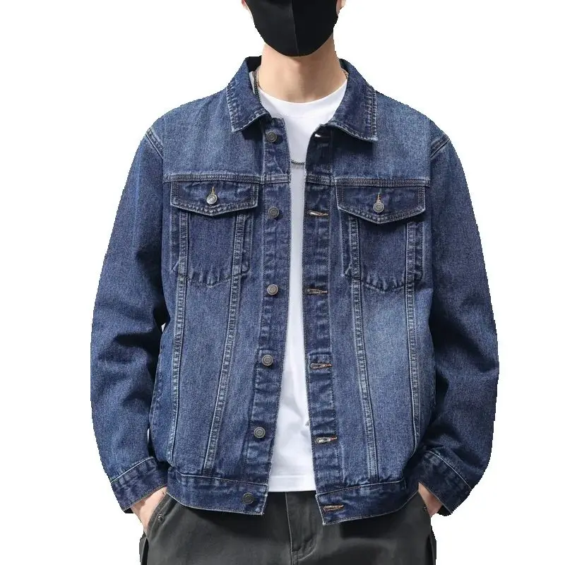 

Поп 2024, весенне-осенняя модная джинсовая куртка, мужская однотонная свободная хлопковая уличная одежда, джинсовая верхняя одежда, мужская повседневная джинсовая одежда с отложным воротником C