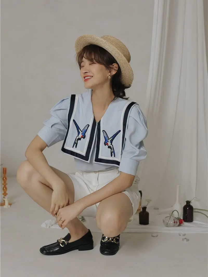 CHEERART Preppy Style Puff Sleeve Bird Embroidery Blouse Women Blue Summer Short Sleeve Sailor Collar Cute Designer Top