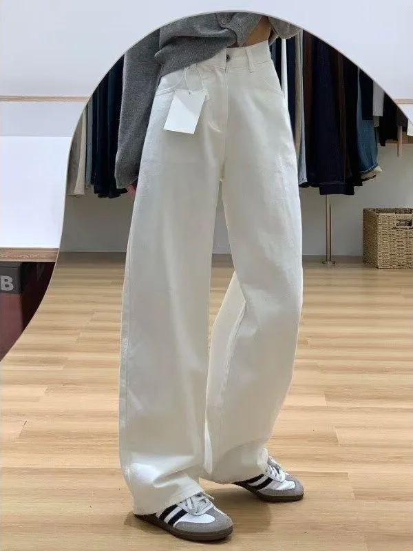 

White Wide Leg Straight Cut Jeans Women's High Waist Loose Fitting Slimming Long Trousers plus Size Spring New Style