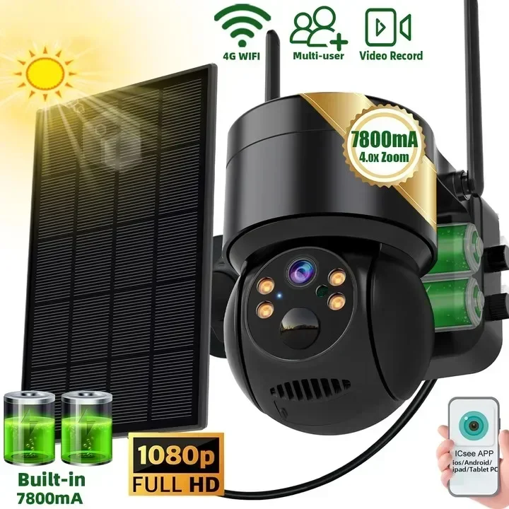 4MP Solar Camera 2.4gHz Wifi Surveillance Outdoor IP Camera Exterior PTZ Wireless Camera Solar Power Built-in Battery