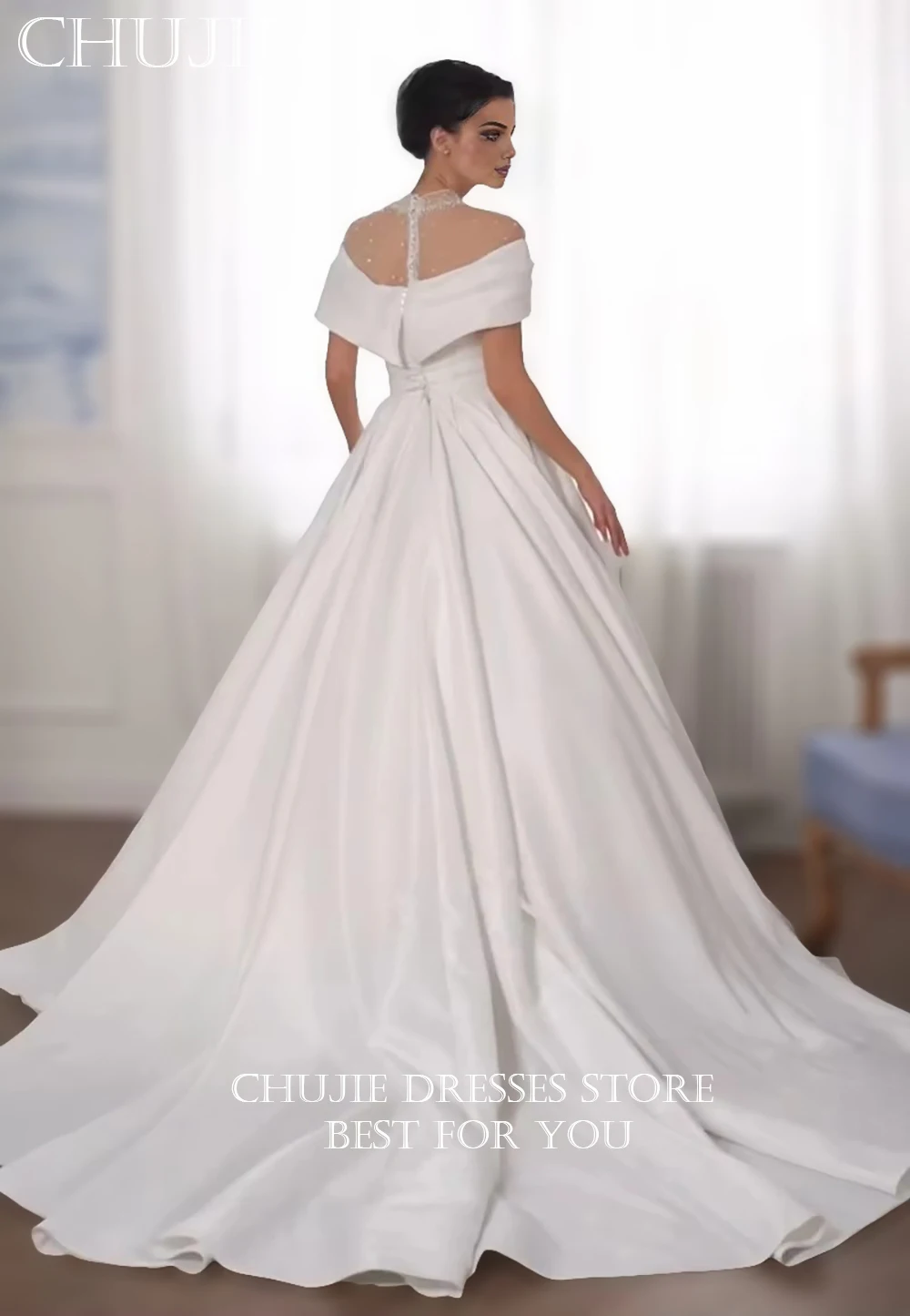 فساتين زفاف بيضاء قبالة الكتف دبي العربية رقبة عالية لؤلؤ ساتان على شكل حرف a الأميرة زي العرائس Vestidos De Novia مخصصة