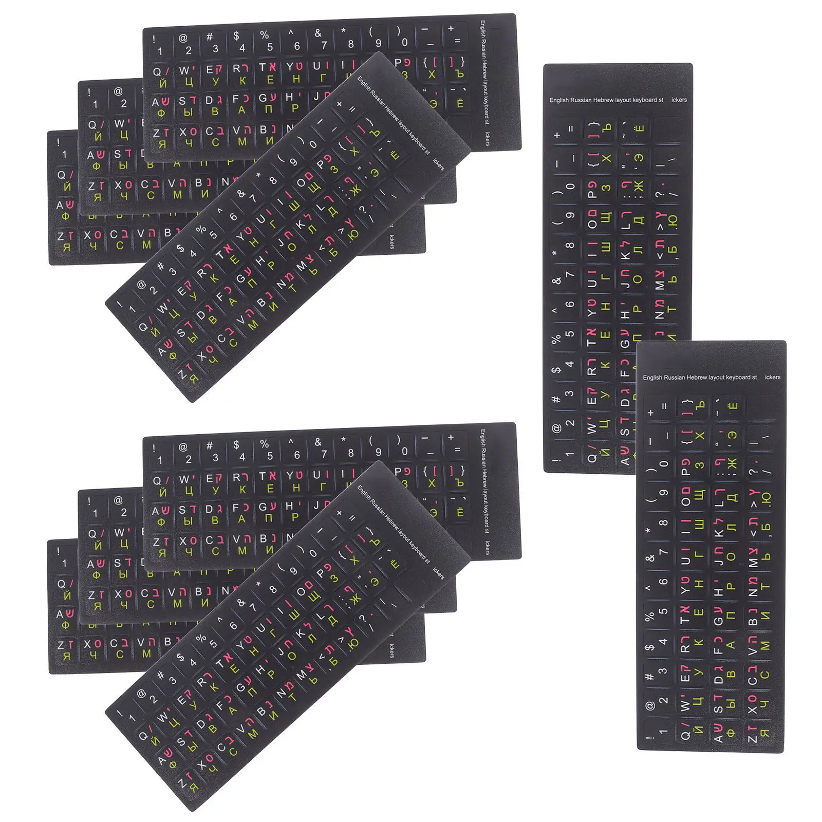 10Sheets Multilanguage Keyboard Stickers English Hebrew Russian Ultra-Thin Precise Laptop Computer Key Labels Replacement Typing