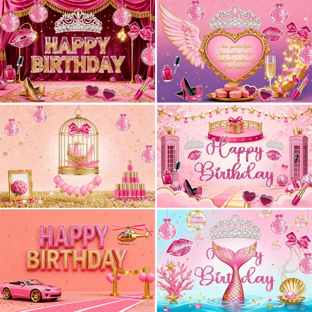 Photography Backdrop Muslin - Taç Pembe Disko Topu Doğum Günü