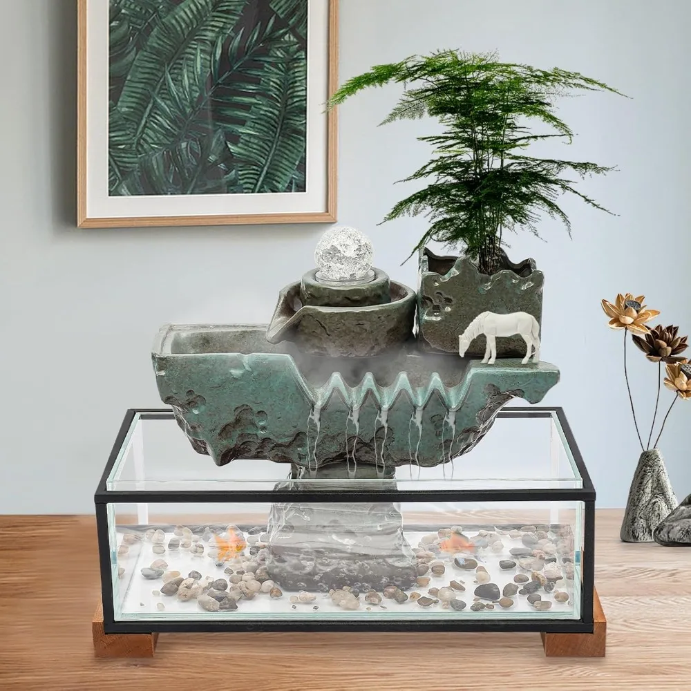 Tabletop Eco Fish Tank Water Fountains, Indoor Waterfall Decoration with Mist, Crystal Ball for Meditation, Desk Fountain