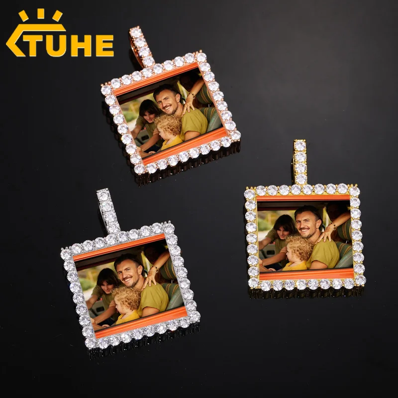 

Customized Necklaces Circle Chain Picture Personalized Brass Zircon Memory Pendant with Photo Square Design Gift for Men Women