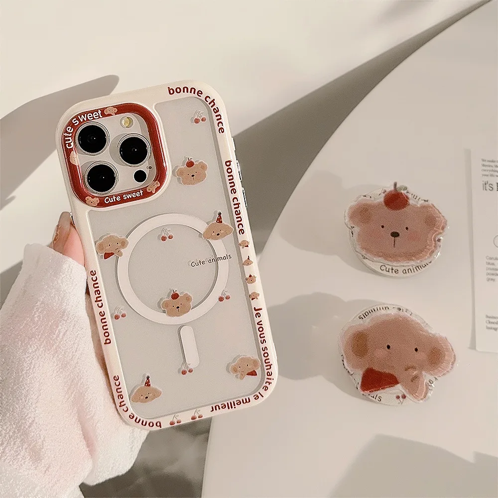 Cartoon-Kirsch-Elefant-Bär-Halter, magnetische Handyhülle für iPhone 16, 14, 11, 13, 12, 15 Pro Max, klare Anti-Fall-Schutzhülle