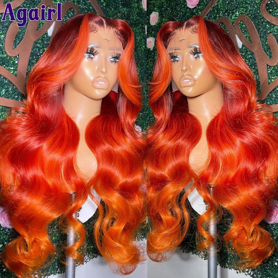 Red Orange Brown Human Hair Body Wave Wigs 13x6 Lace Frontal Wigs For Women Red & Orange Ombre Transparent 5X5 Closure Lace Wigs