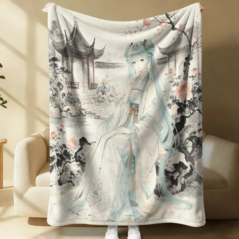 Hatsune Miku Hanfu Style Flannel Throw Blanket Bedroom Decor Ink Wash Anime Nap Blanket Air Conditioner Throw Sofa Throw Cover