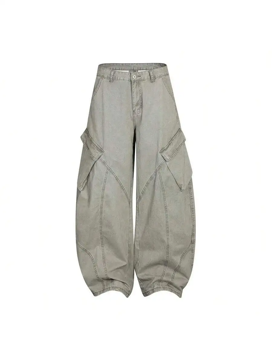 Men Loose Fit Wide Leg Cargo Denim Trousers Multi Pocket Workwear Baggy Pants High Street Style