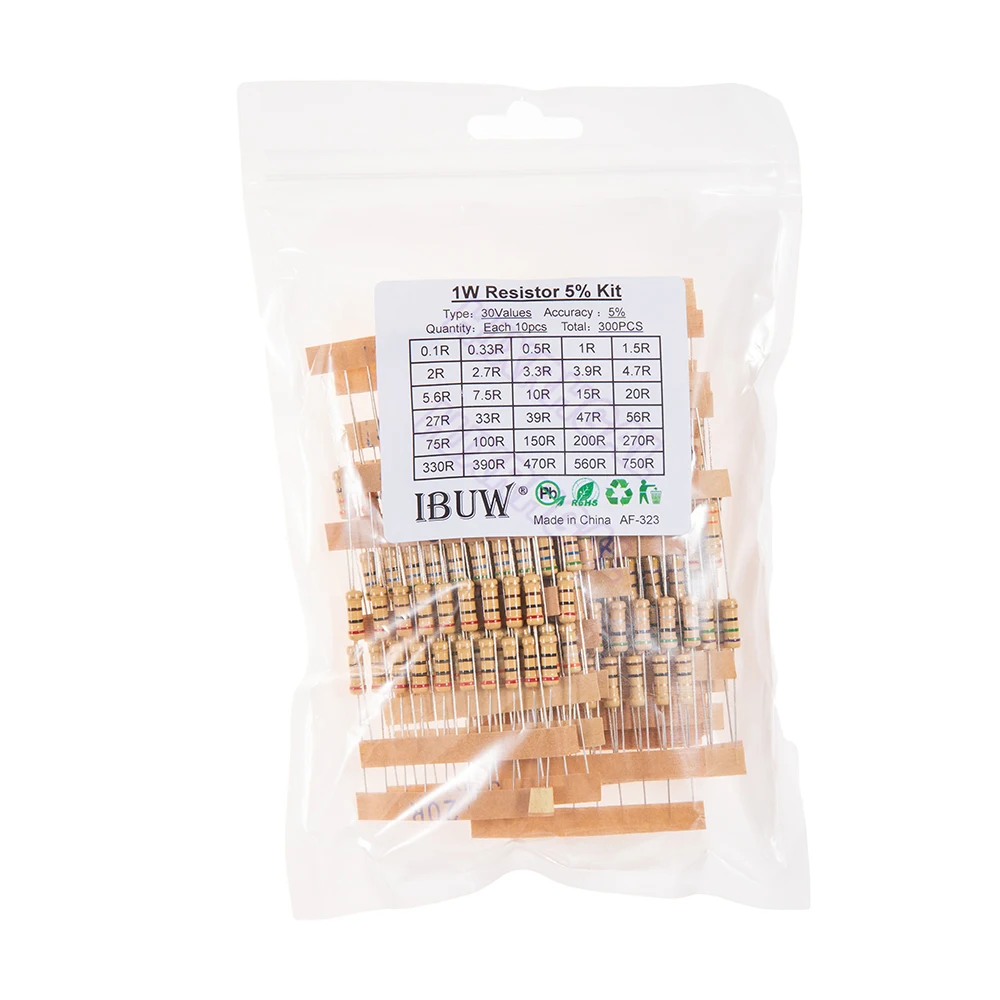 300 szt. Zestaw rezystorów 1W 5% 30 wartości X 10 szt. Opór folii węglowej 0.1-750 ohm zestaw