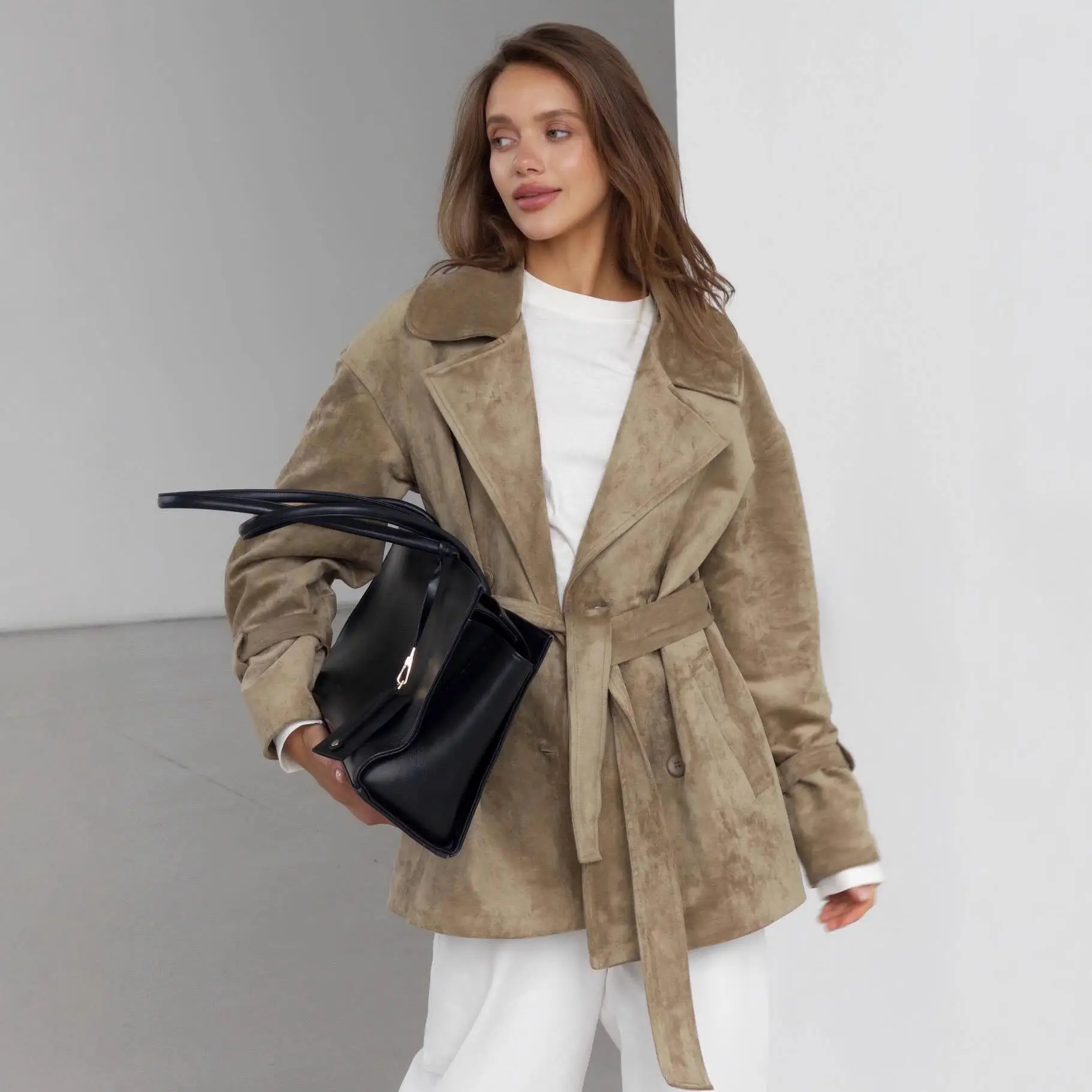 

Retro Suede Jaet Coat Wind 2025 Autumn Winter New Stand Collar Belted Waist Inward Coat Casual Sle Women's Mid-Length